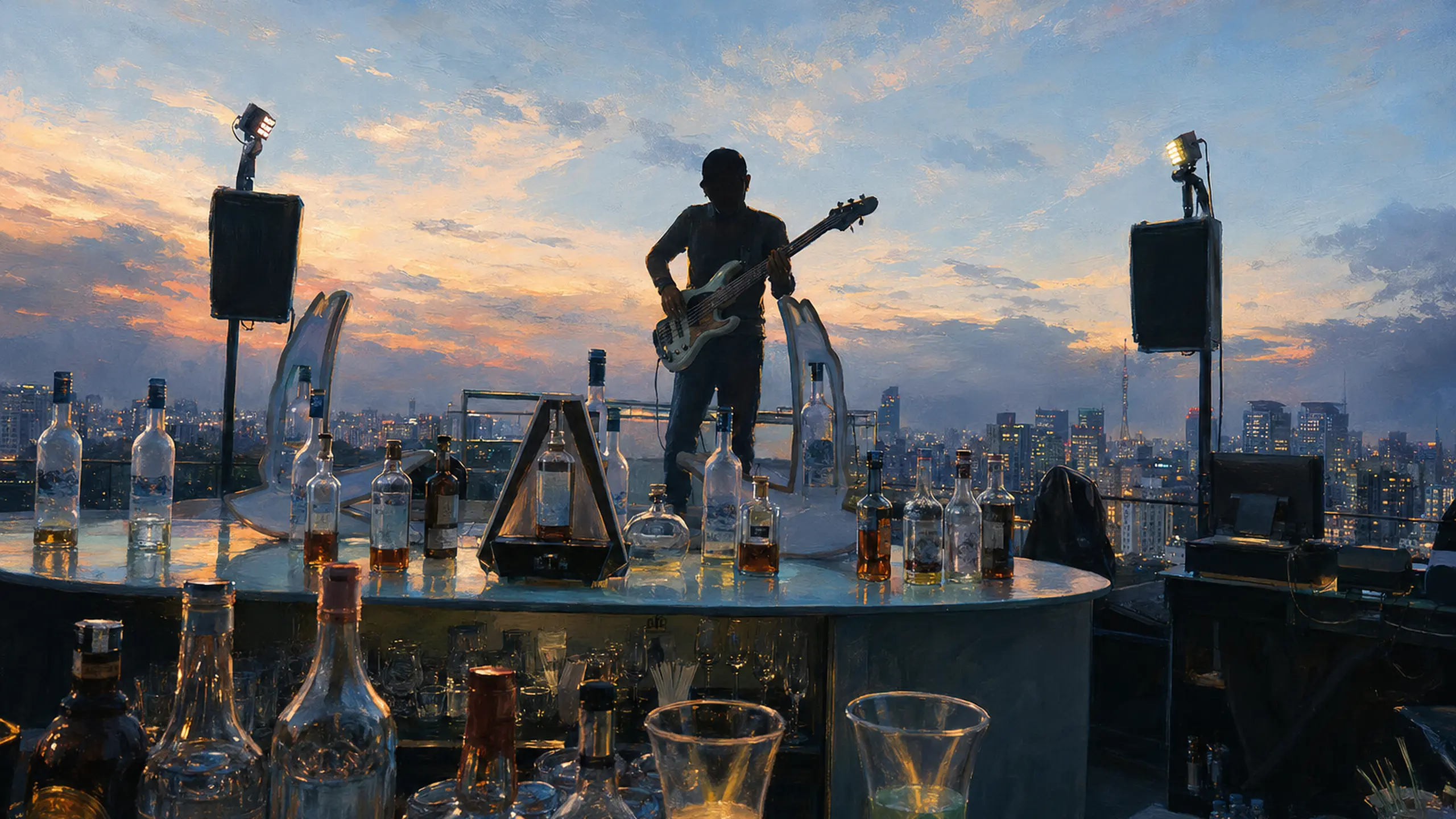 Artistiek geanonimiseerde silhouet van een bassist tijdens een optreden boven de daken van Saigon